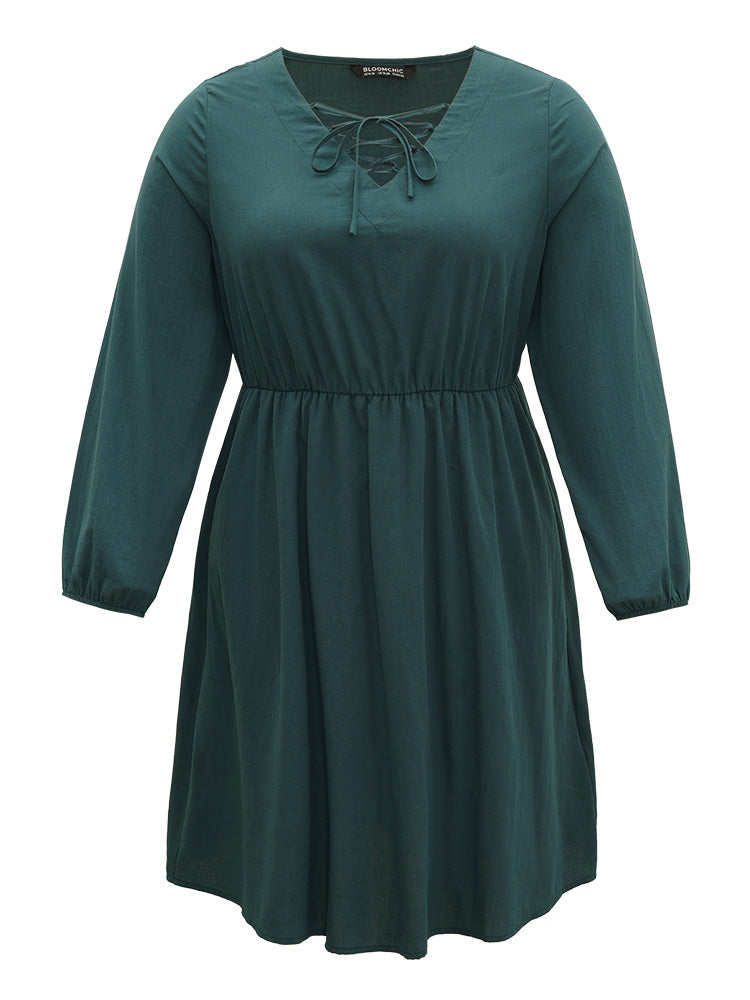 Cotton Solid Lace Up Elastic Waist Dress