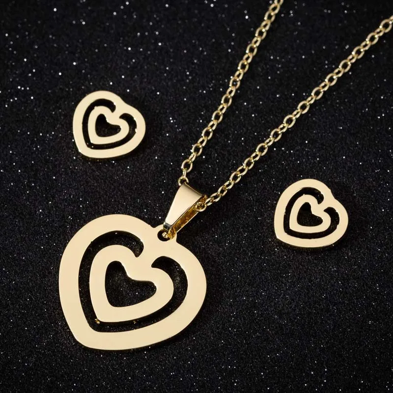 Hot sale women Hollow out Love map necklace set  Heartbeat Stud Earrings 3 pcs suit stainless steel  jewelry for girls