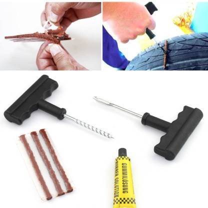 Puncture Repair Kit Tubeless Tyre Full Set with Nose Pliers. Rubber Cement and Extra Strips for Cars. Bikes