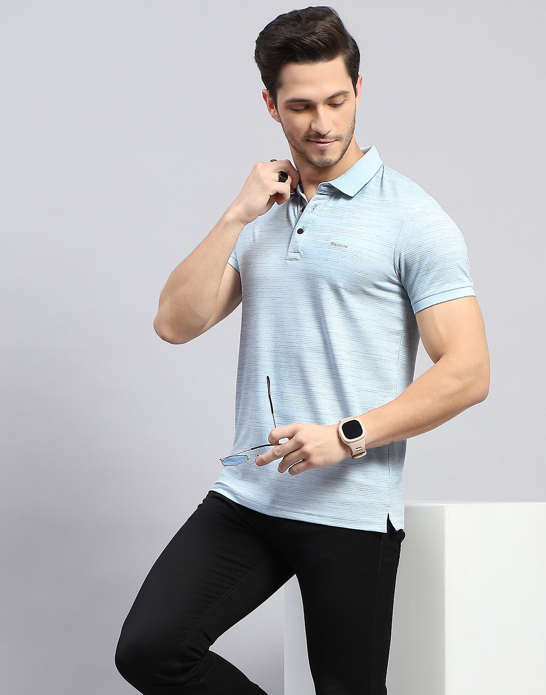 Men Sky Blue Stripe Polo Collar Half Sleeve T-Shirt