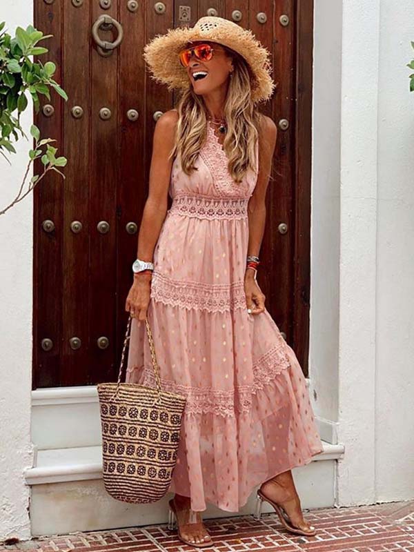 Stylish PolkaDots Print Lace V-Neck Maxi Dress