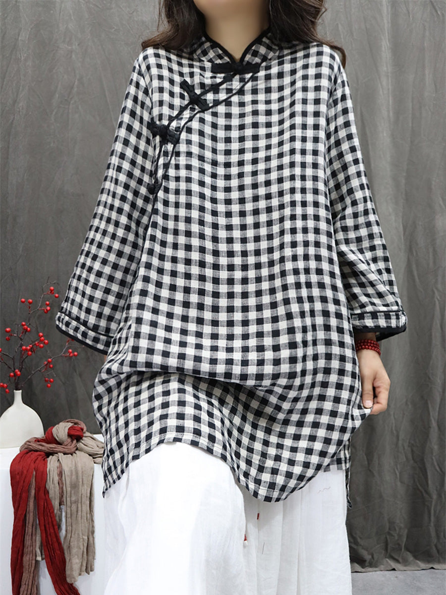 Women Summer Ethnic Plaid Stand Collar 100%Linen Shirt
