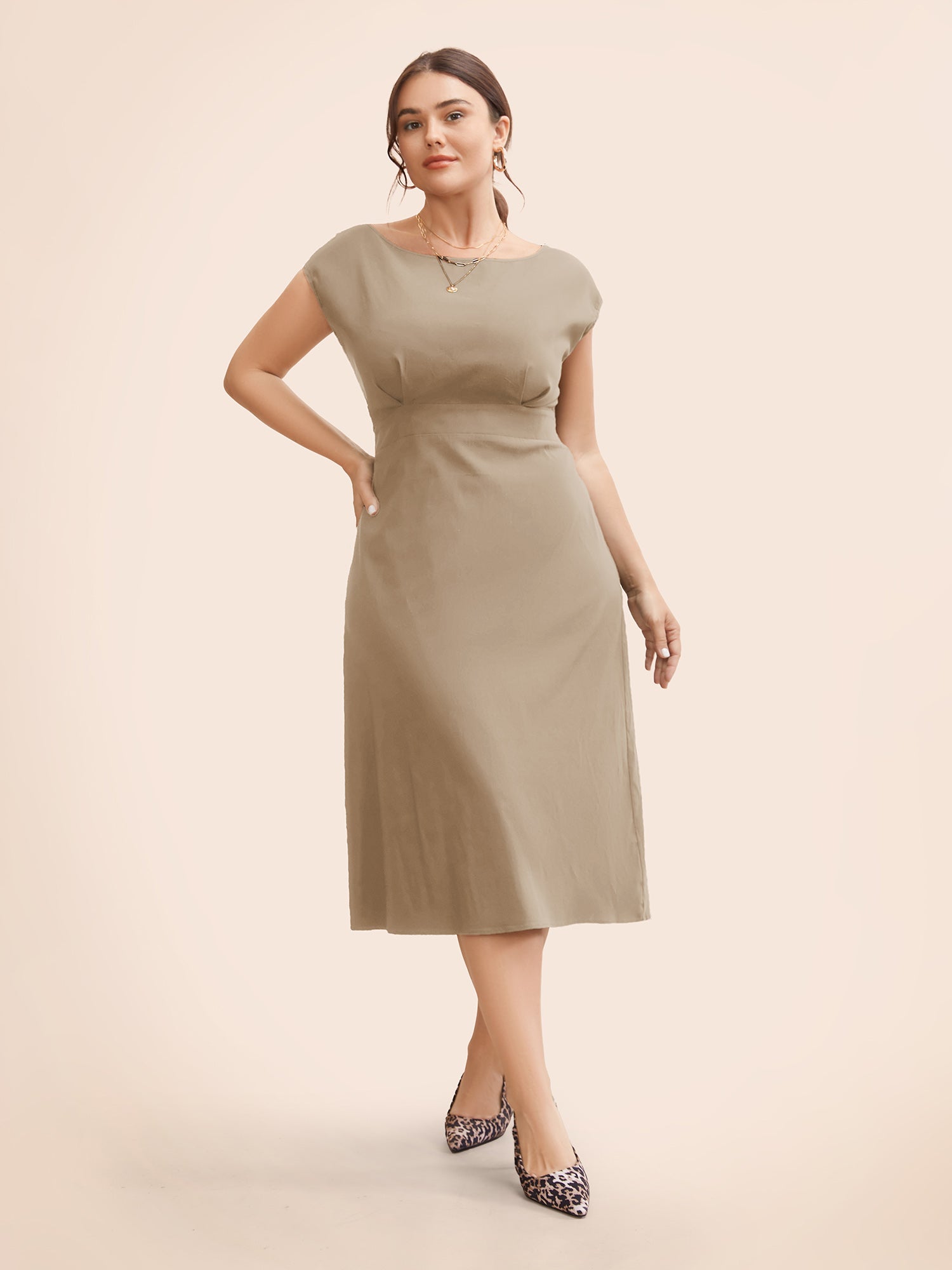 Stretch Woven Cowl Neckline Midi Dress