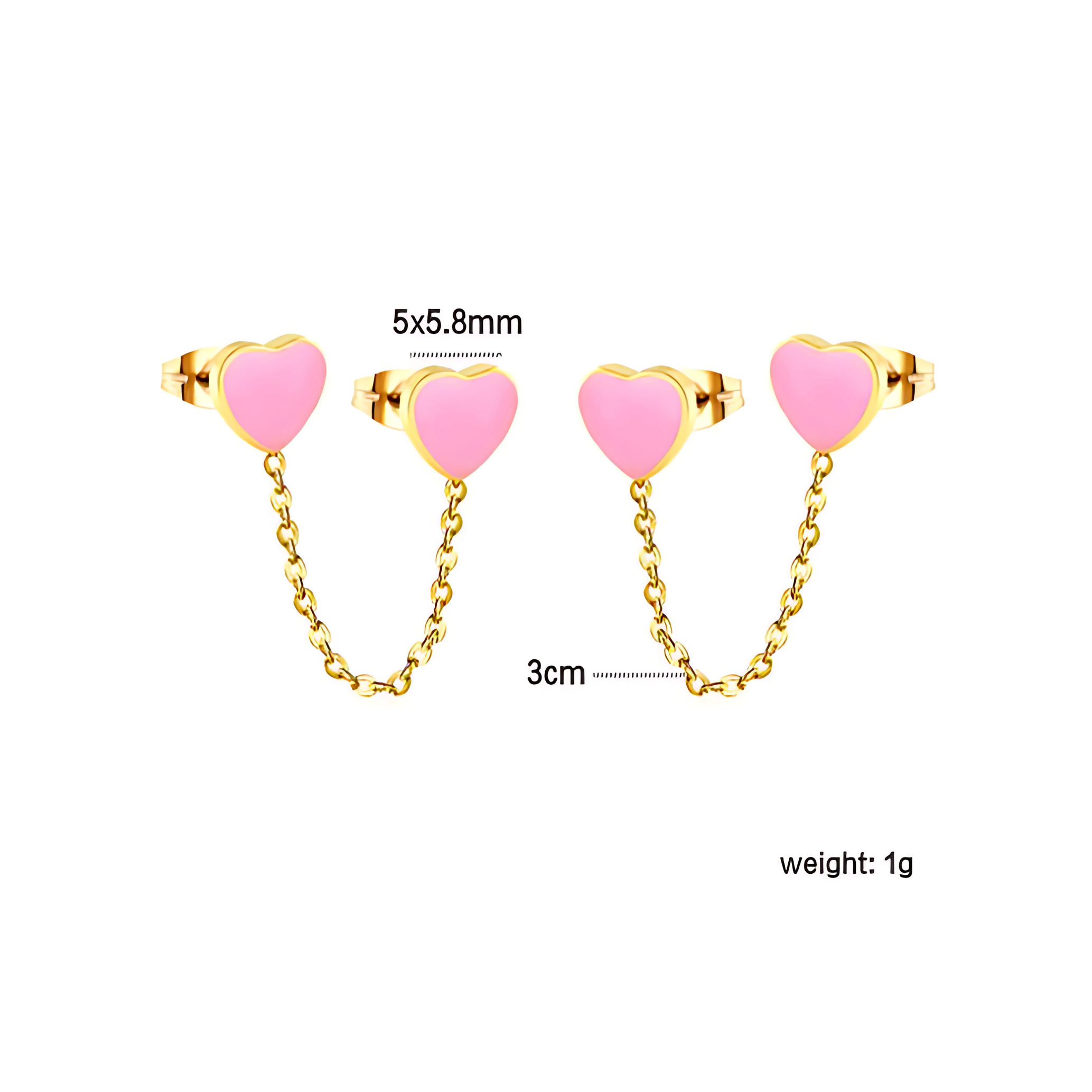 Chained pink heart studs - Gold