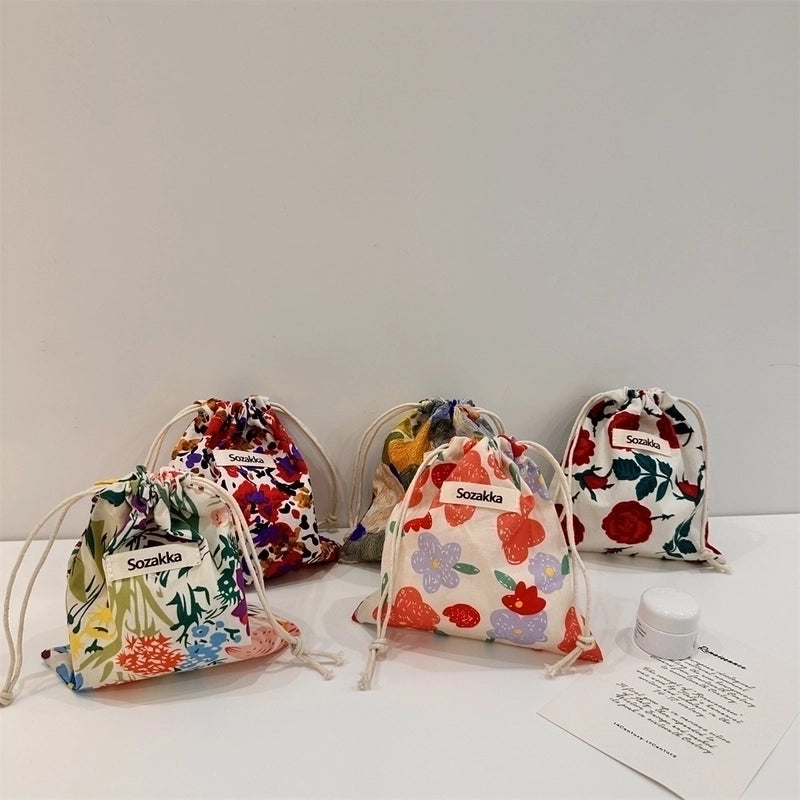 Women's Small Cotton Flower Streetwear String Cosmetic Bag