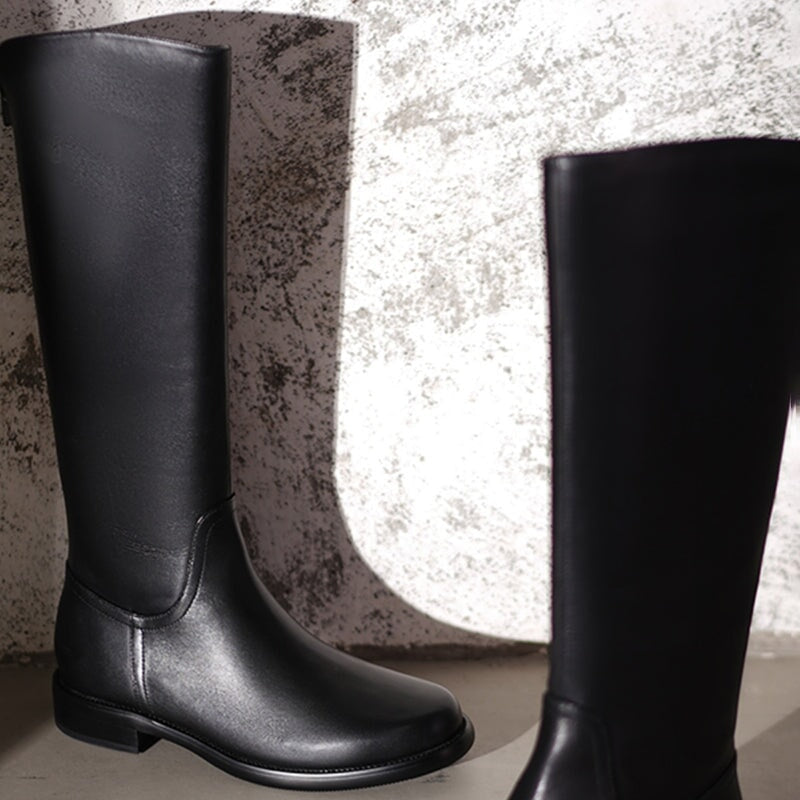 Handmade Soft?Leather Knee High Boots Back Zip Riding Boots Short Plush Lining in Black