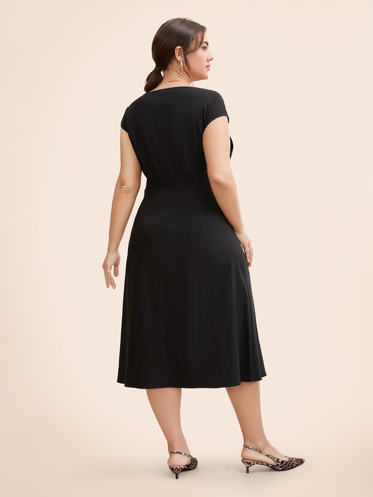 Stretch Woven Cowl Neckline Midi Dress