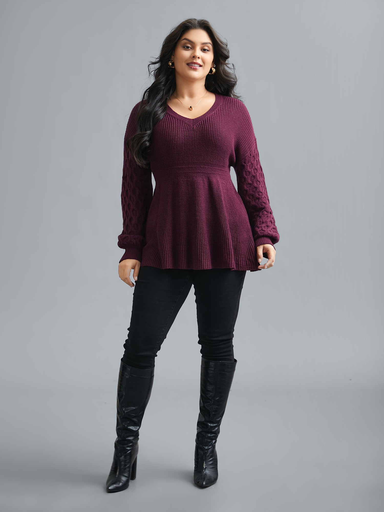 Plain Ribbed Knit Waist Cinched Pullover