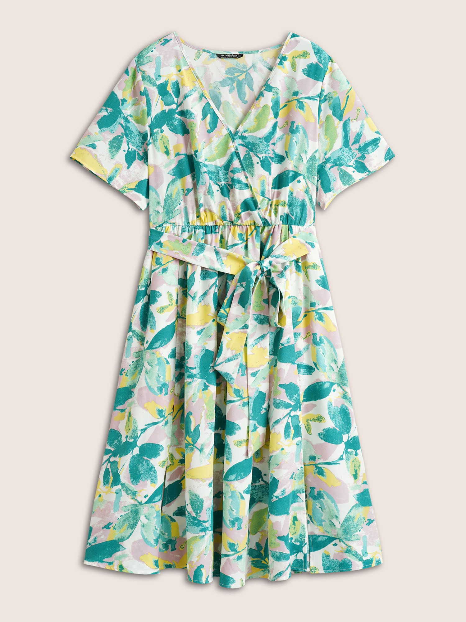 Overlap Collar Plants Print Elastic Waist Belted Dress