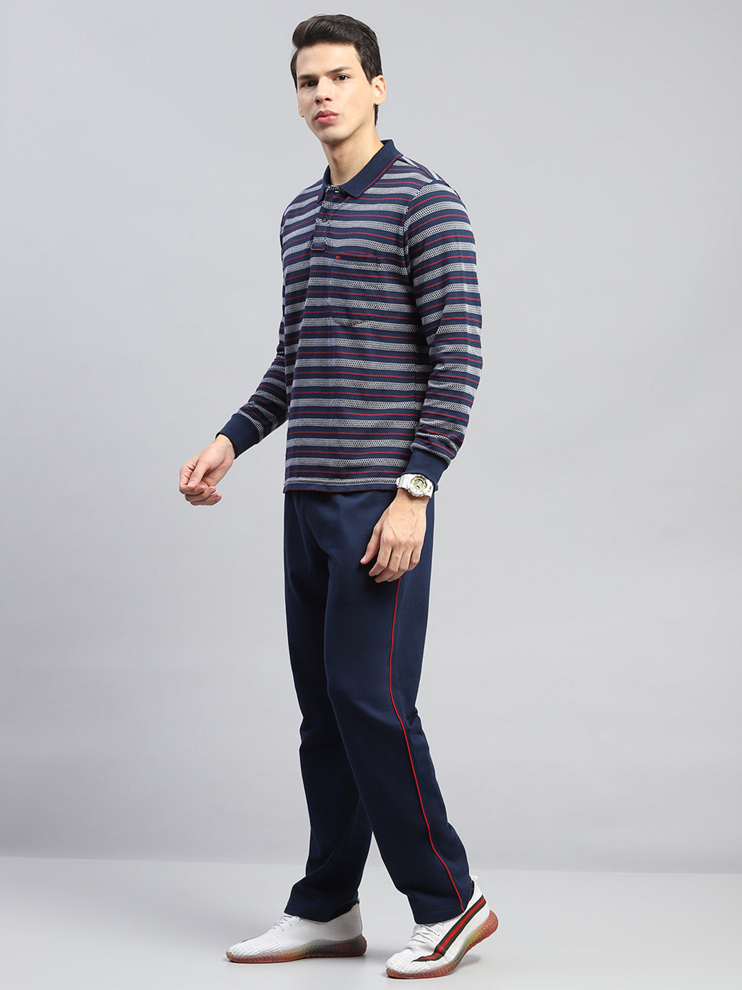 Men Navy Blue Stripe Collar Full Sleeve Winter Tracksuit