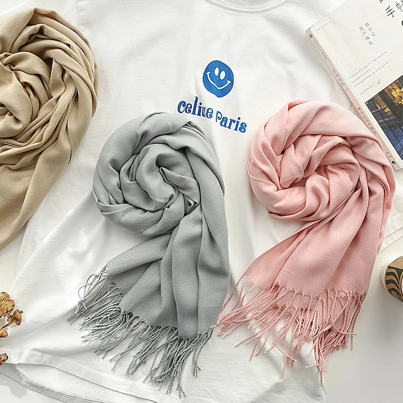 Pure Color Cashmere Scarf Women's Autumn And Winter Popular 220g Light Board Tassel Warm Shawl Travel Gift