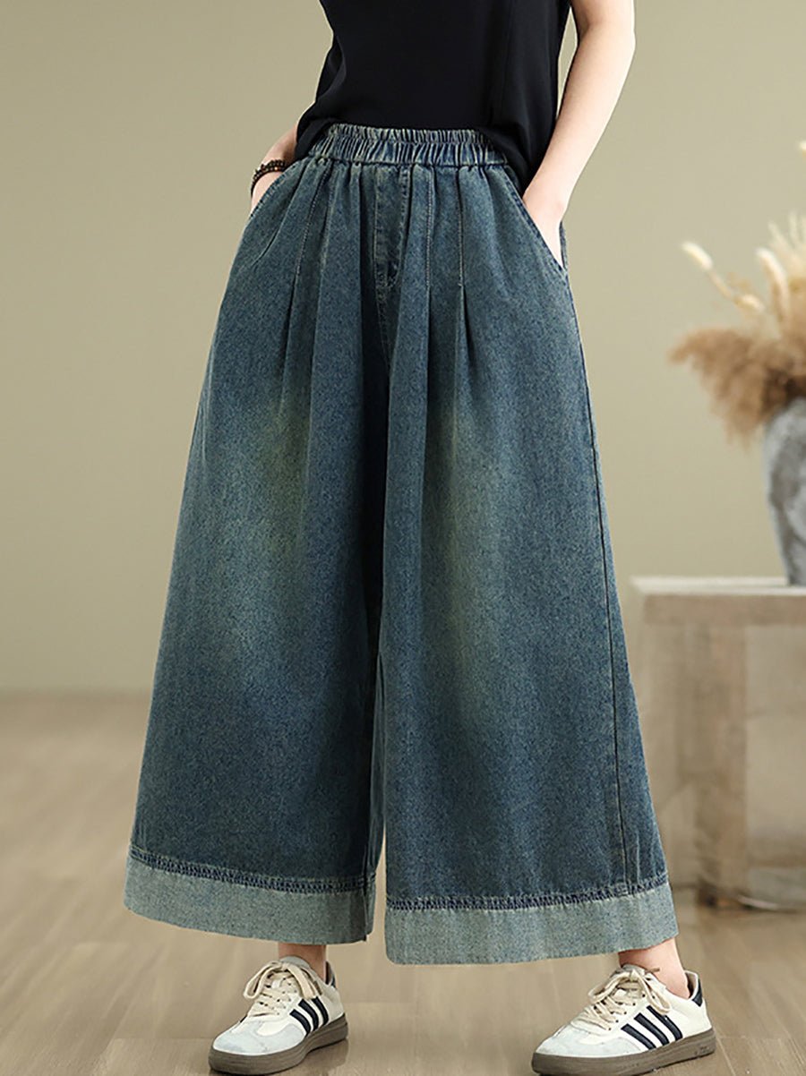Women Summer Retro Spliced Denim Wide-leg Pants