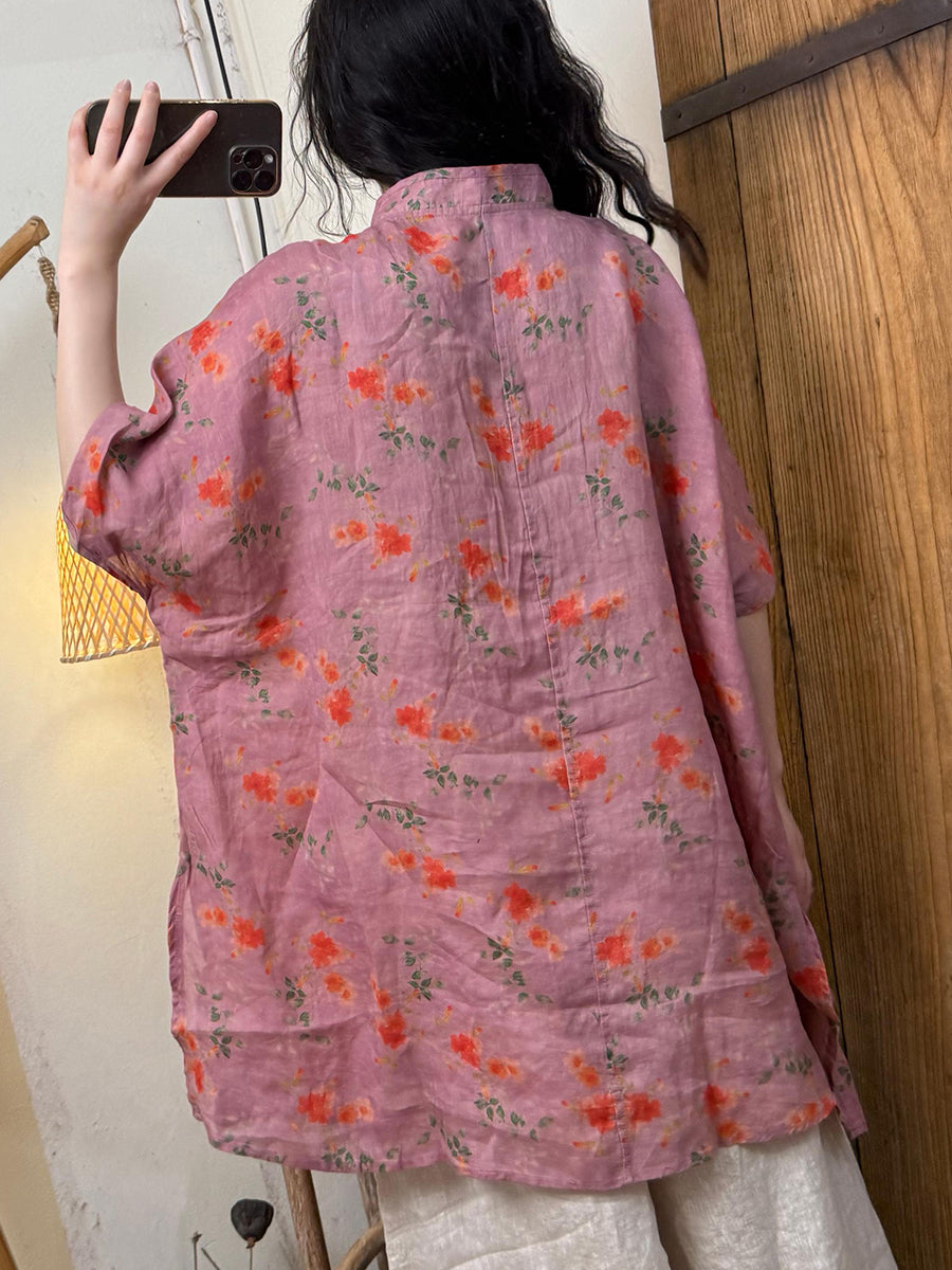 Women Summer Ethnic Flower Ramie Stannd Collar Shirt