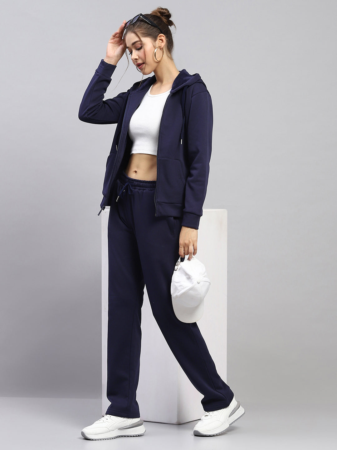 Women Navy Blue Solid Hooded Full Sleeve Tracksuit