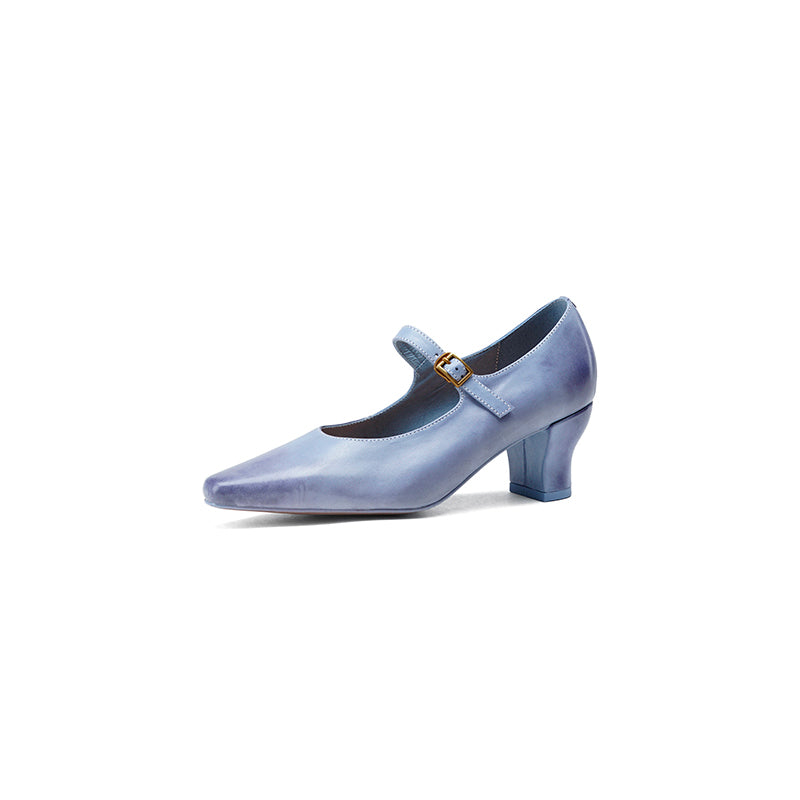 60mm Kitten Heel Point Toe Mary Jane Horsehide Pumps in Blue/Black/White