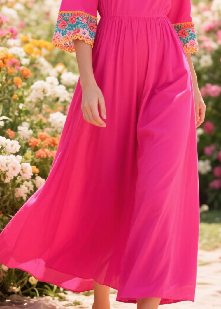 Plus Size Rose O-Neck Patchwork Cotton Robe Dresses Summer