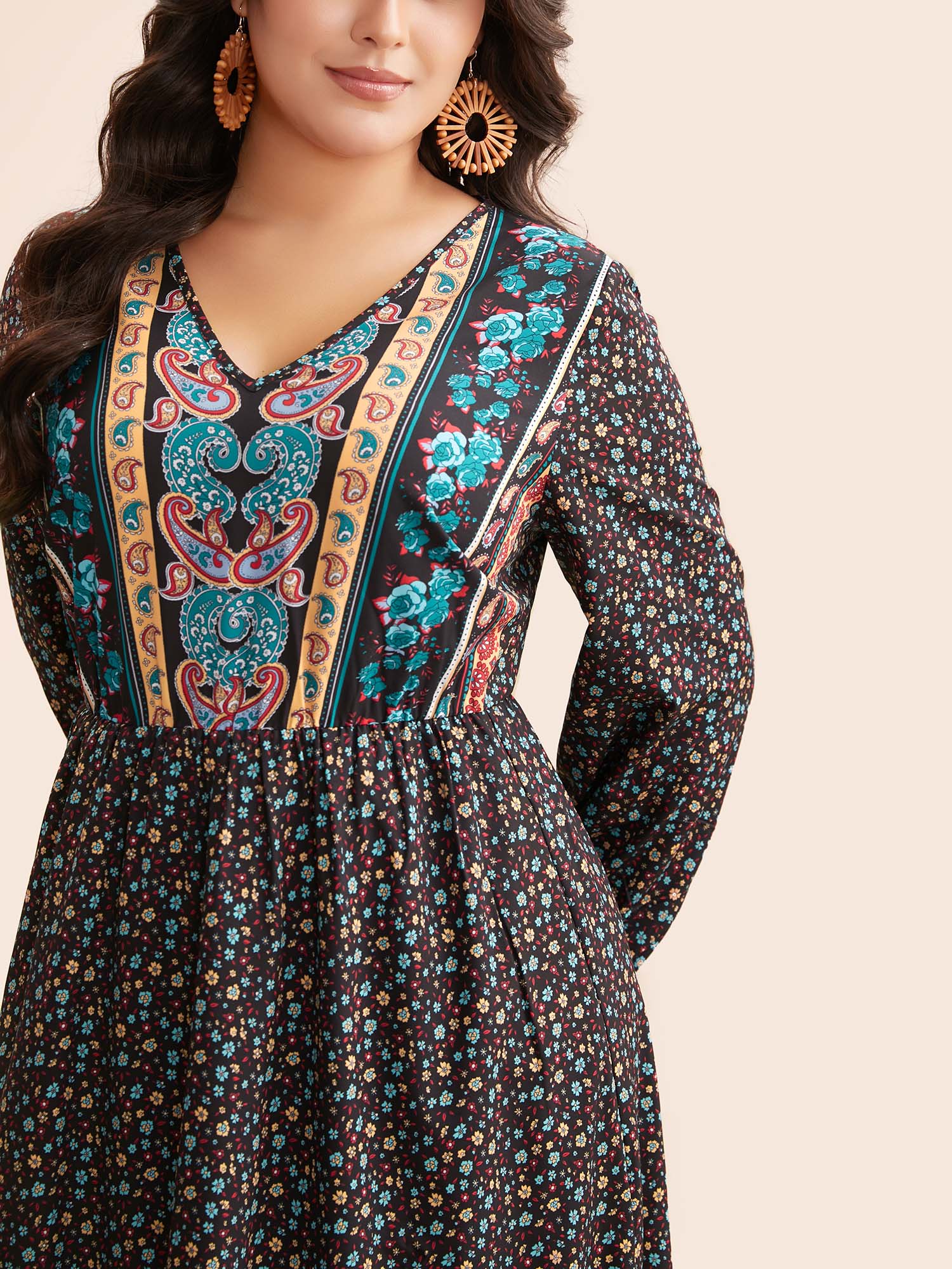 Boho Print V Neck Elastic Waist Dress