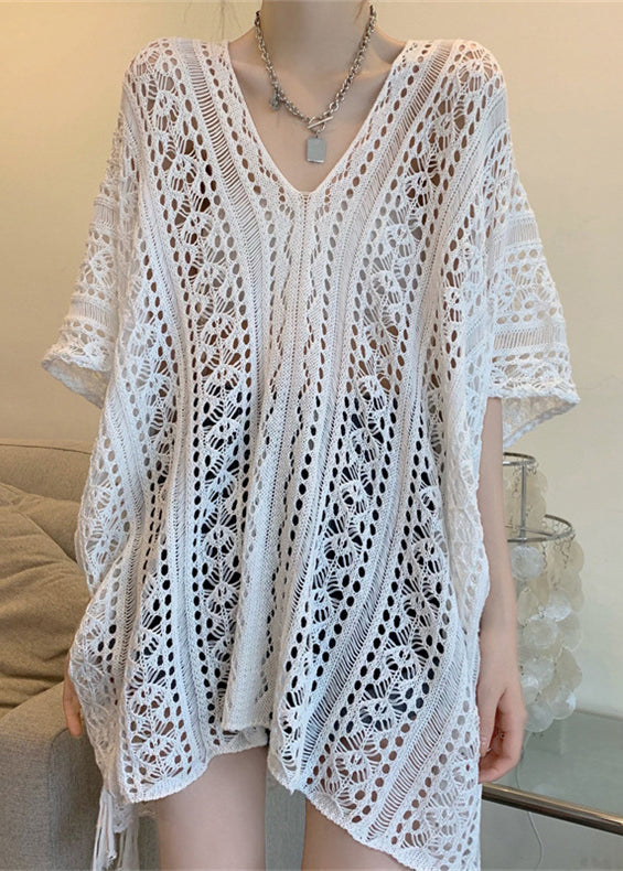 White Patchwork Hollow Out Knit T Shirts Summer