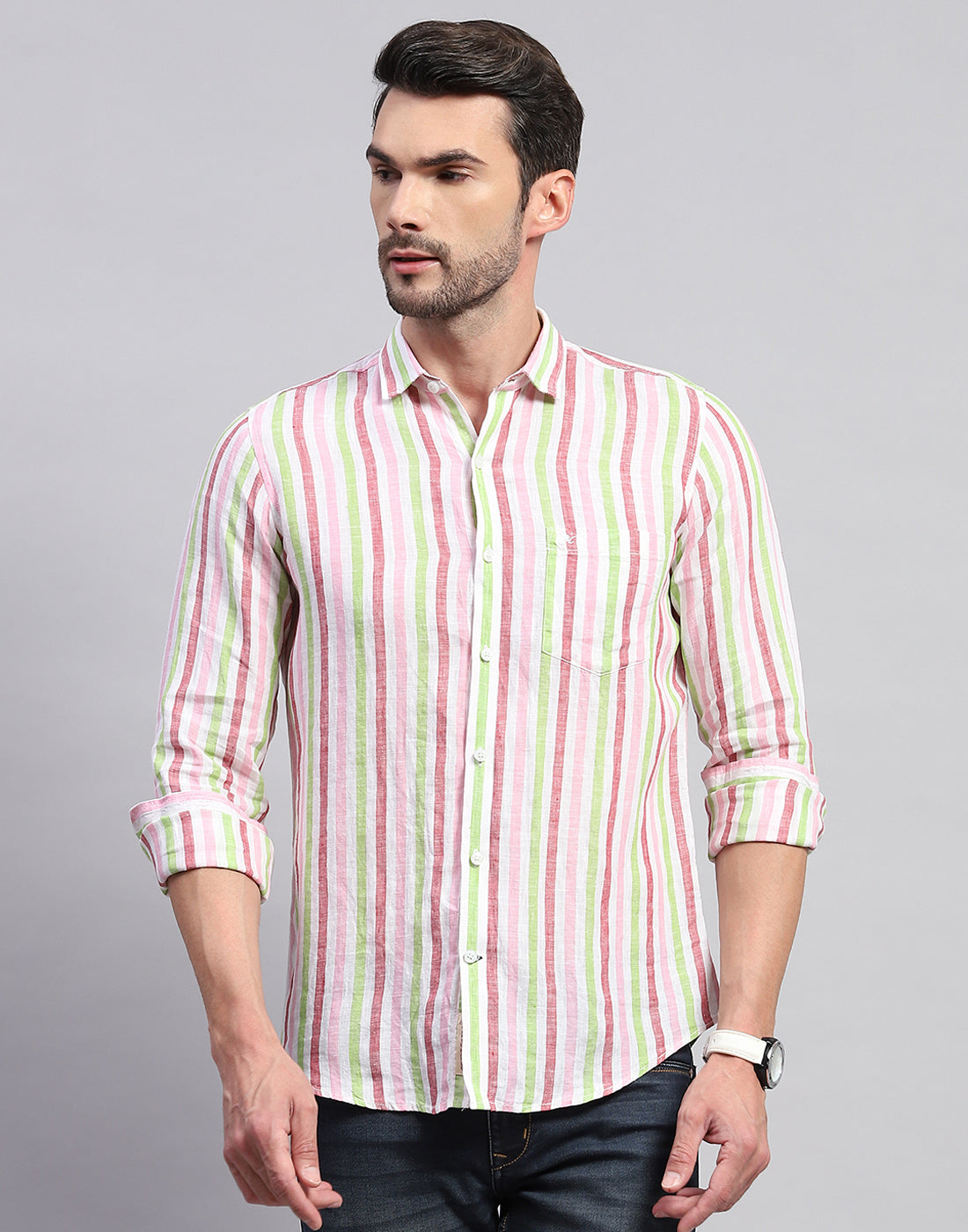 Men Red Stripe Collar Neck Full Sleeve Shirt