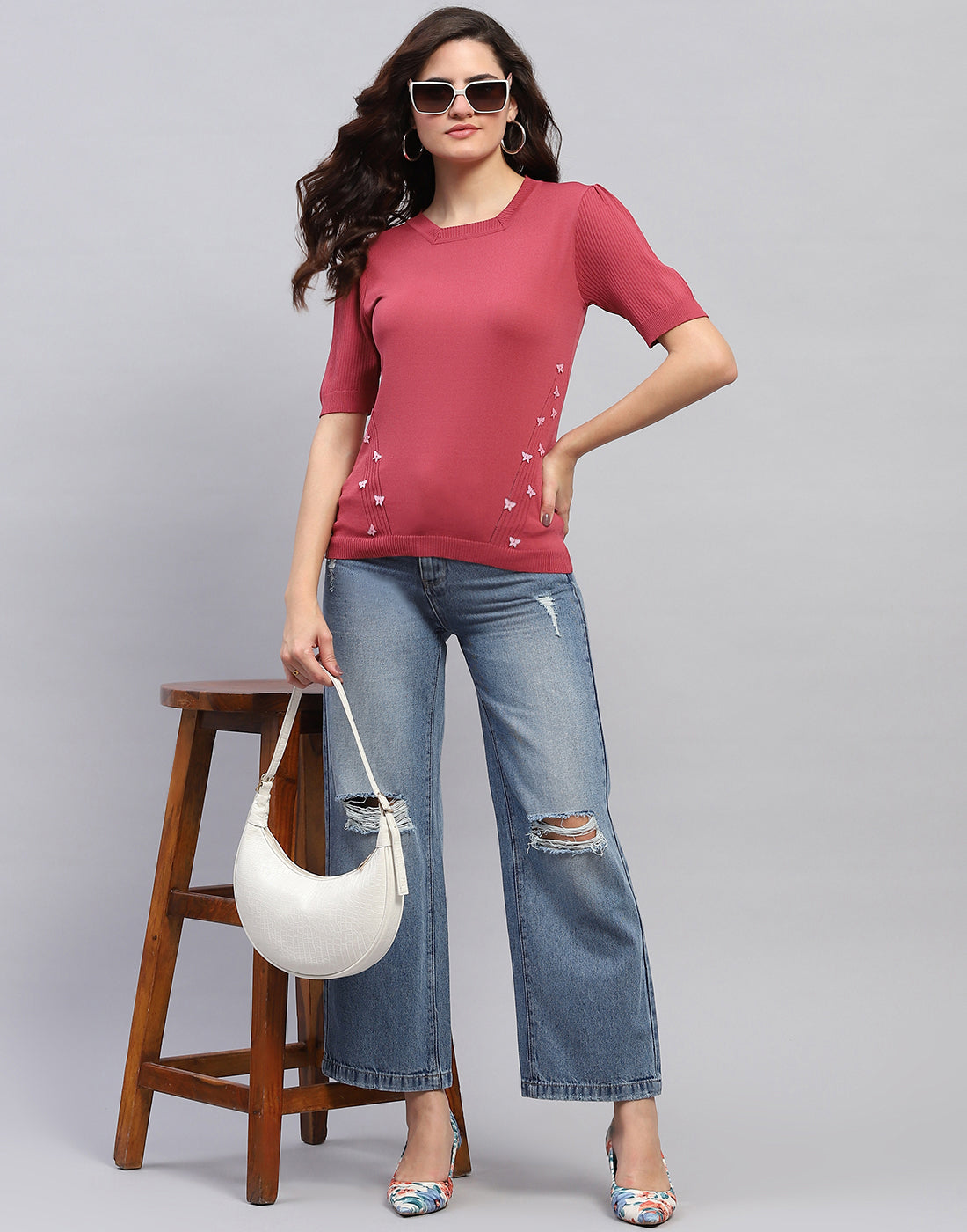 Women Pink Solid Round Neck Half Sleeve Top