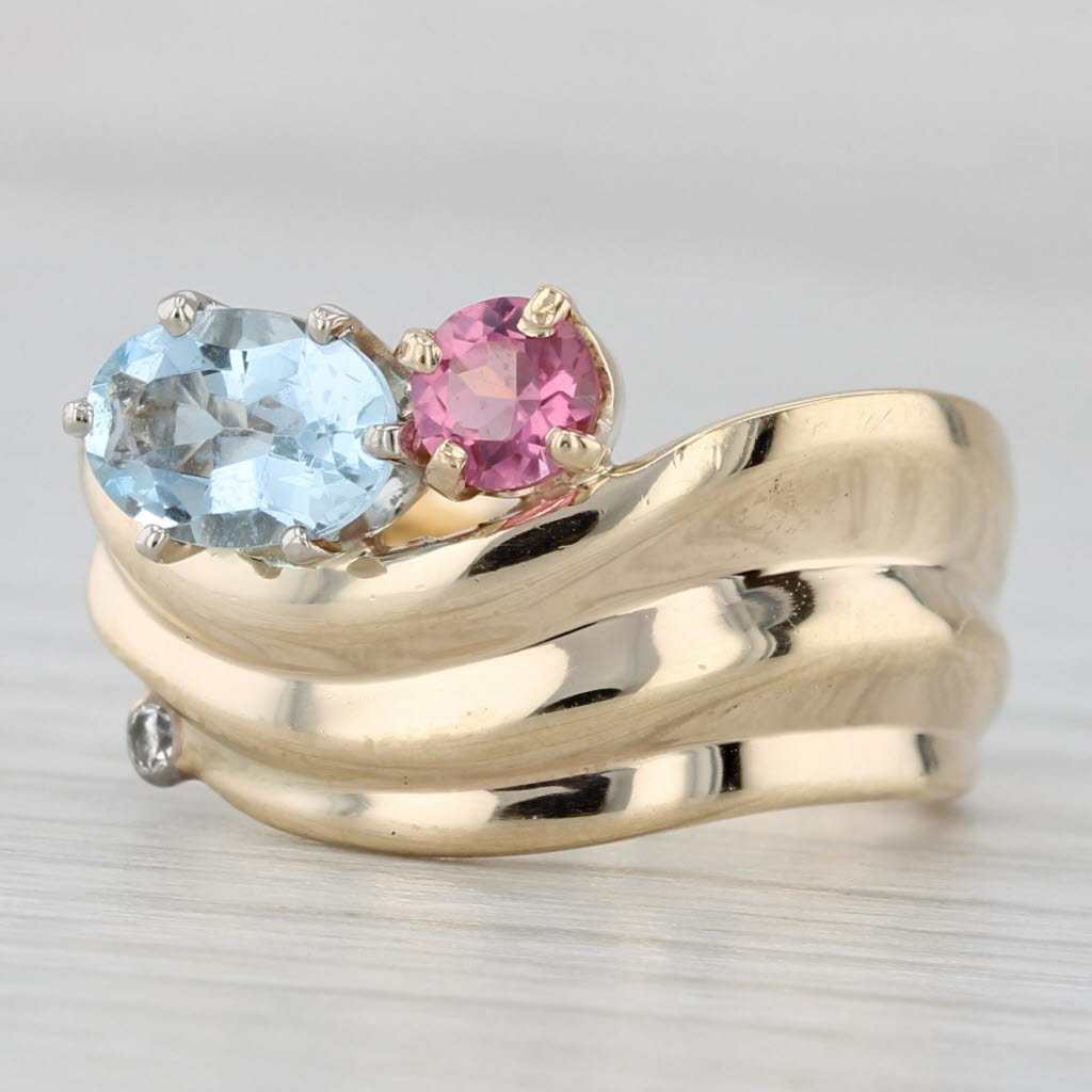 0.97ctw Aquamarine Pink Tourmaline Diamond Ring 14k Yellow Gold Size 6.5