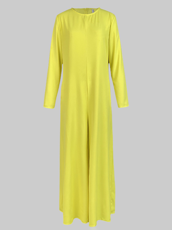 Loose Wide Leg Pockets Solid Color Round-Neck Jumpsuits