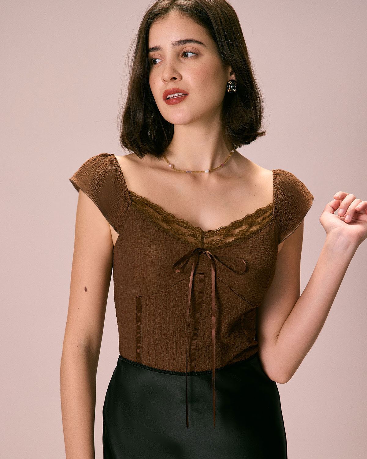 The Coffee V Neck Lace Textured Tee