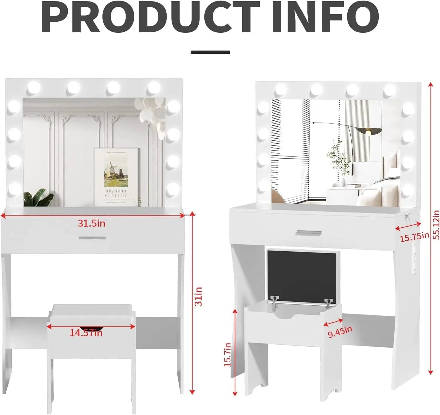 Vanity Table Set with Lighted Mirror - Makeup Vanity with Charging Station