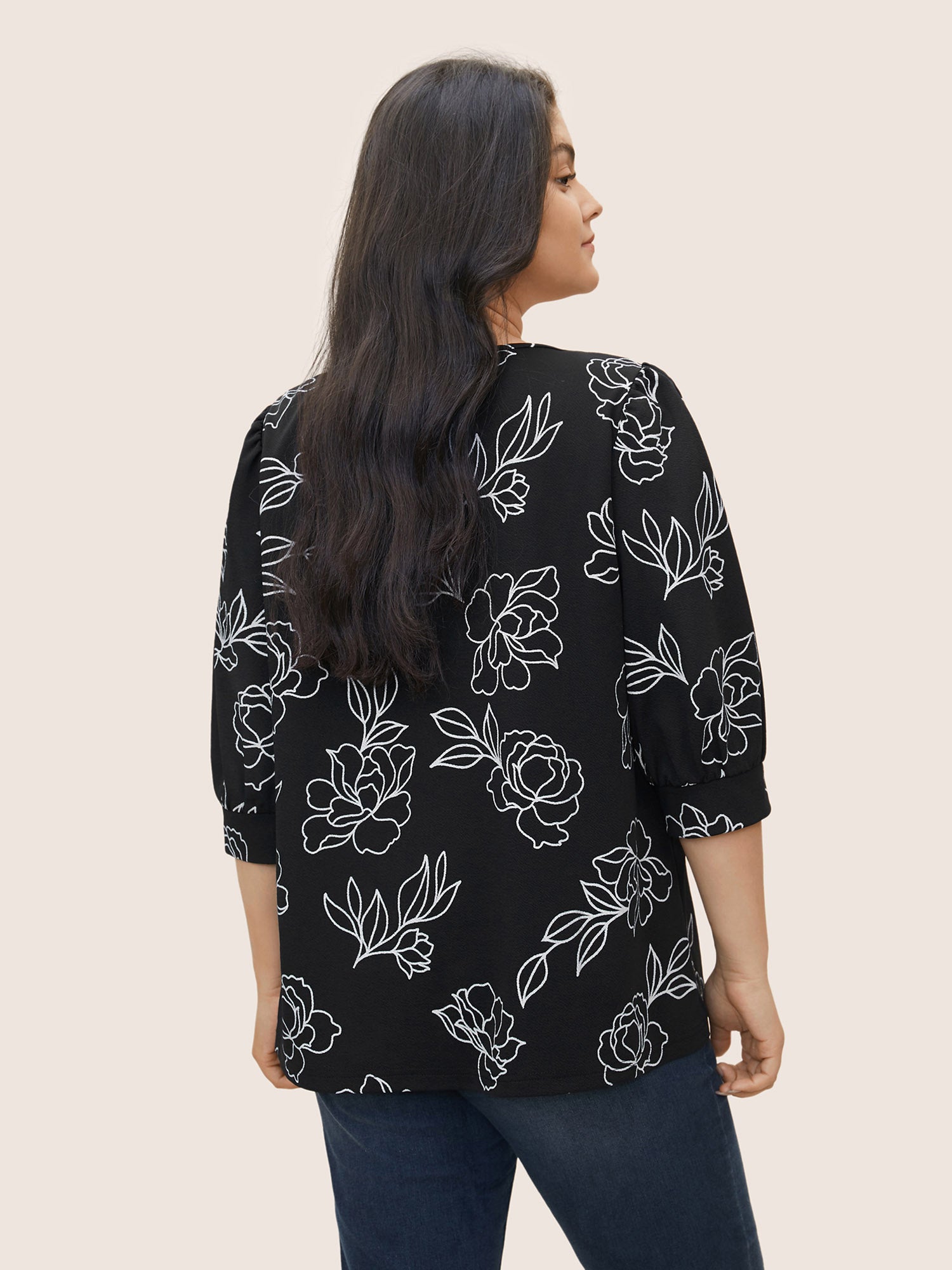 Floral Print Crew Neck Lantern Sleeve T-shirt