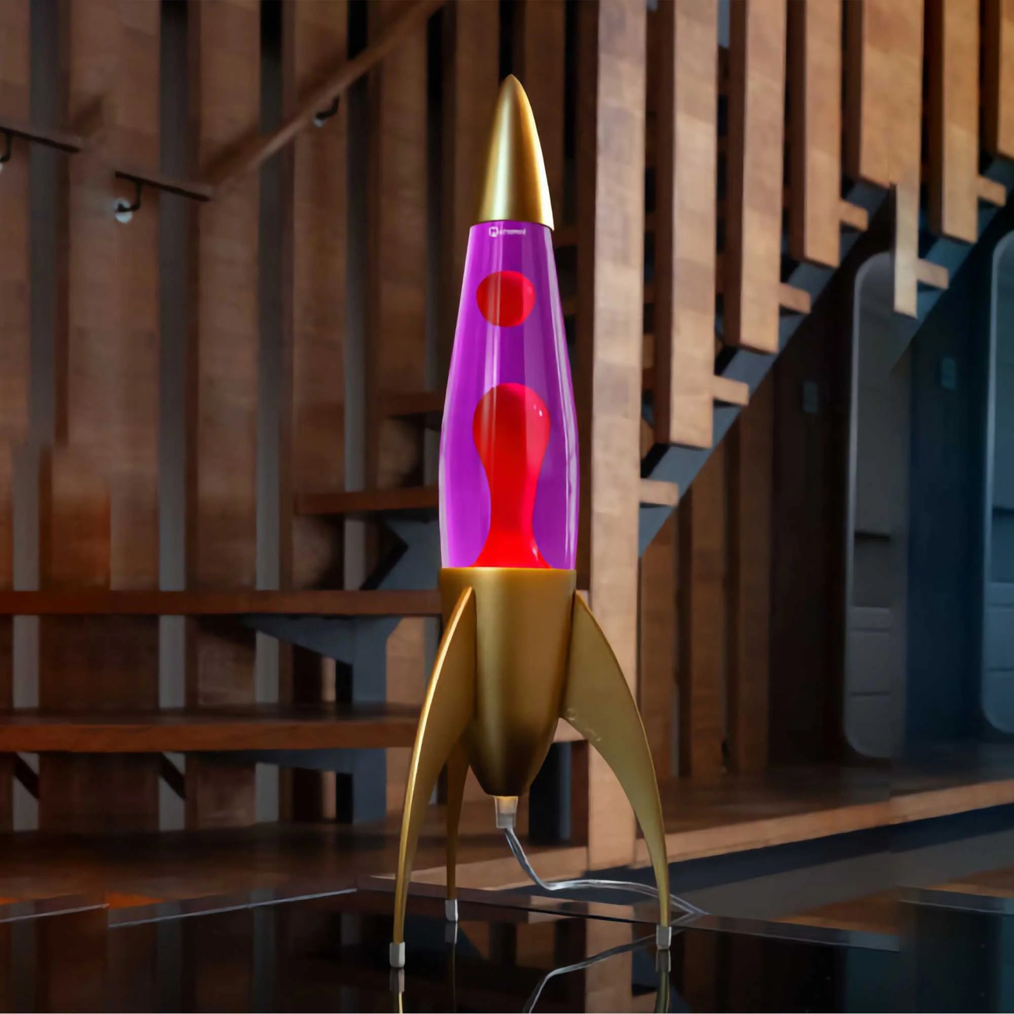 Gold Rocket lava lamp. Violet/Red Lava