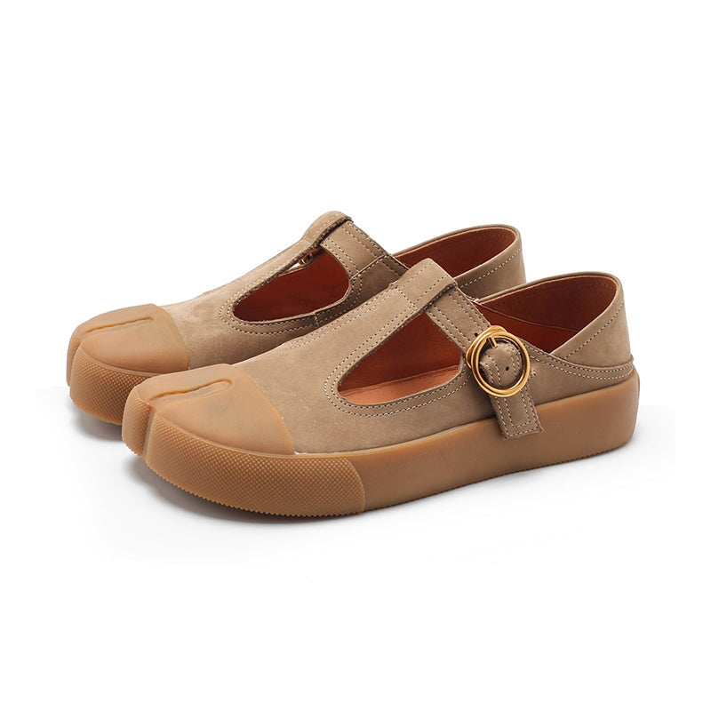 Retro Leather Flat T Strap Mary Jane Shoes For Women Round Toe Khaki/Brown/Yellow/Cameo Brown
