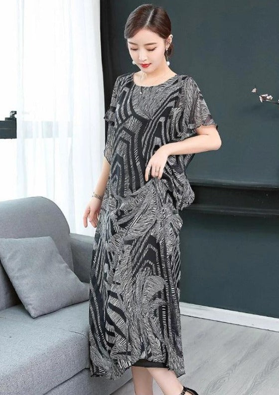 Simple o neck chiffon Wardrobes Women Sewing black print Kaftan Dress