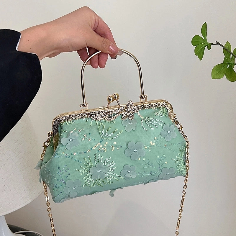Women's Medium Pu Leather Gauze Flower Classic Style Clasp Frame Crossbody Bag
