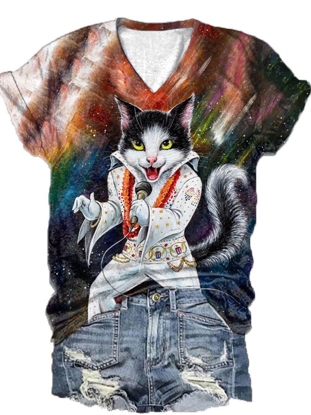 Women's Funny Cat Art Print V-Neck T-Shirt