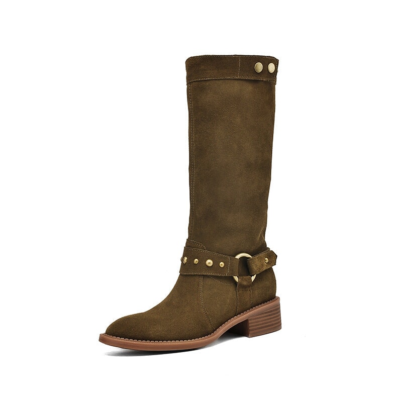 Belted Suede?Leather Riding Boots Low Block Heel Mid Calf Boots in Black/Brown/Green