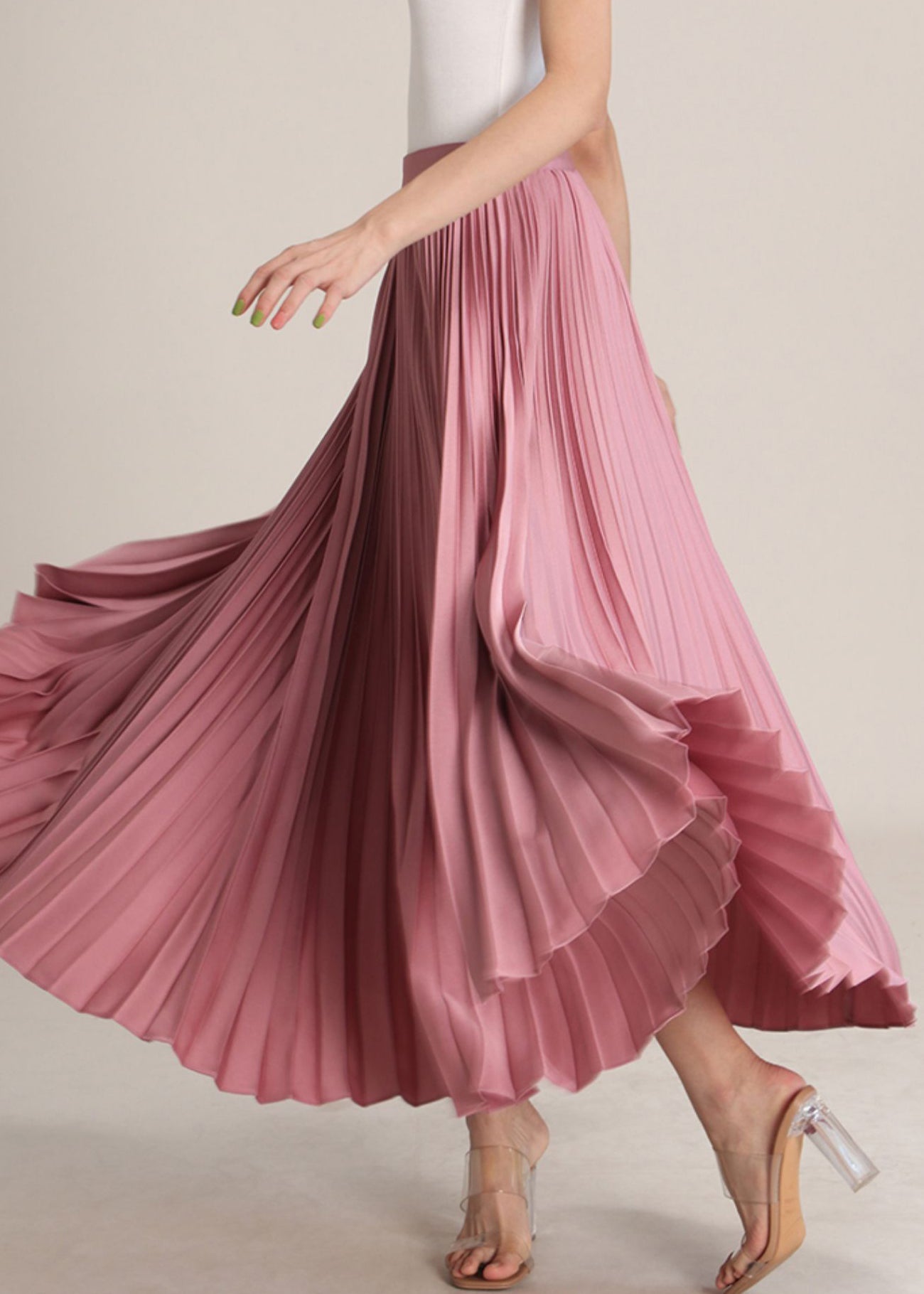 Pink Solid High Waist Silk Pleated Skirt Zippered Summer