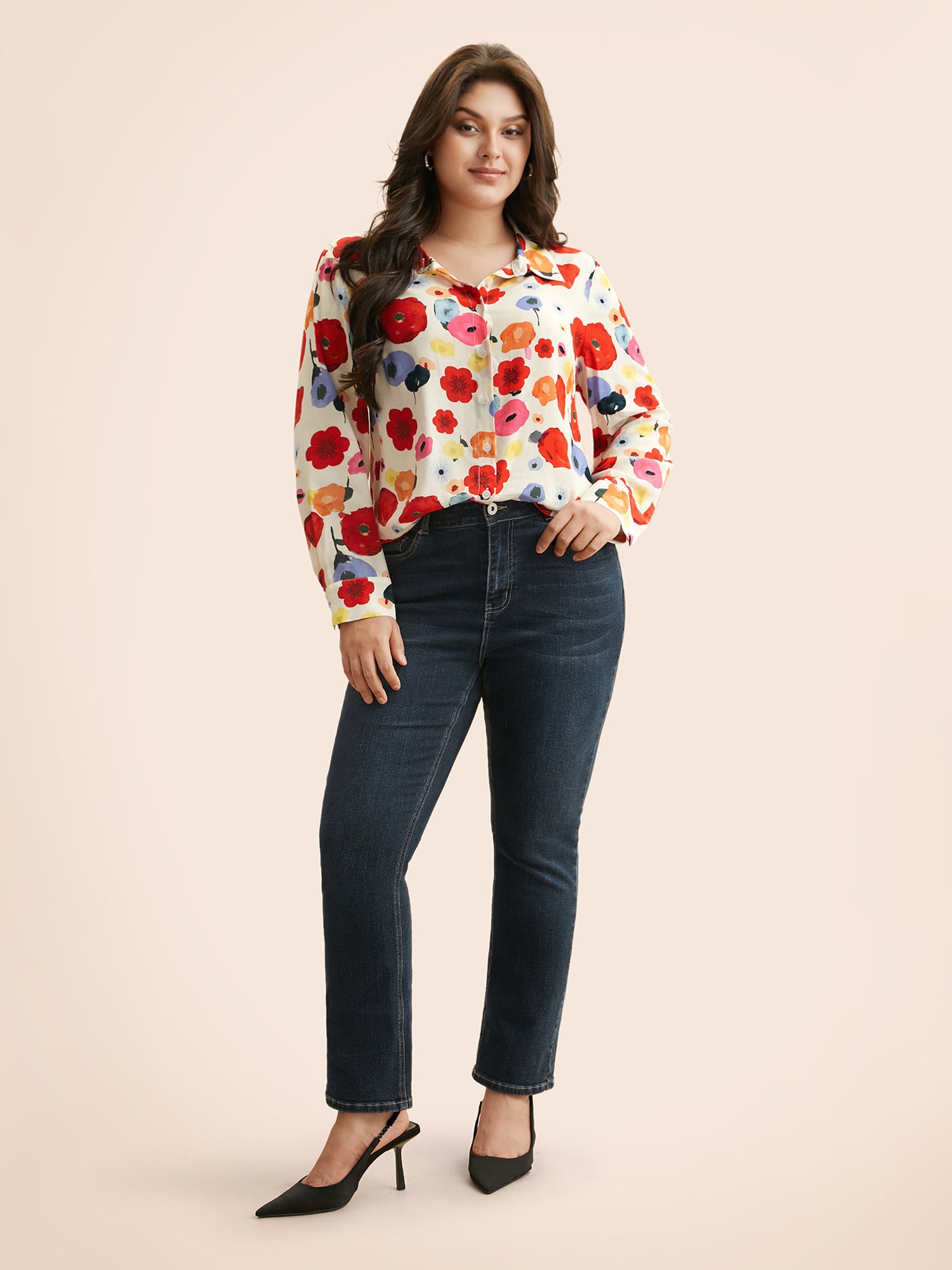 Contrast Floral Shirt Collar Blouse