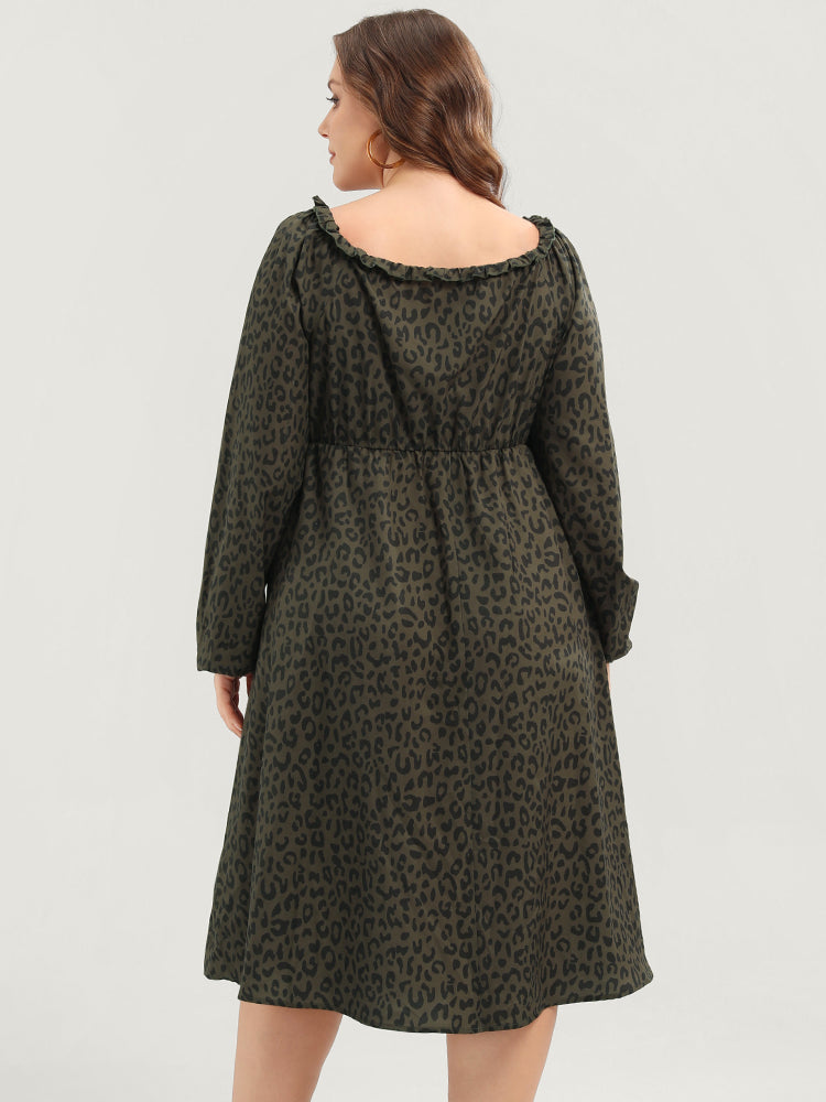 Leopard Print Square Neck Pocket Puff Sleeve Midi Dress