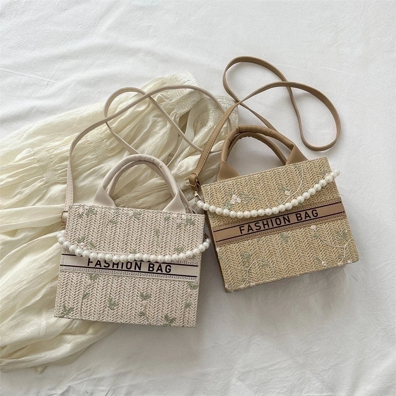 Women's Pu Leather Straw Letter Flower Elegant Vacation Pearls Square Open Shoulder Bag Handbag Crossbody Bag