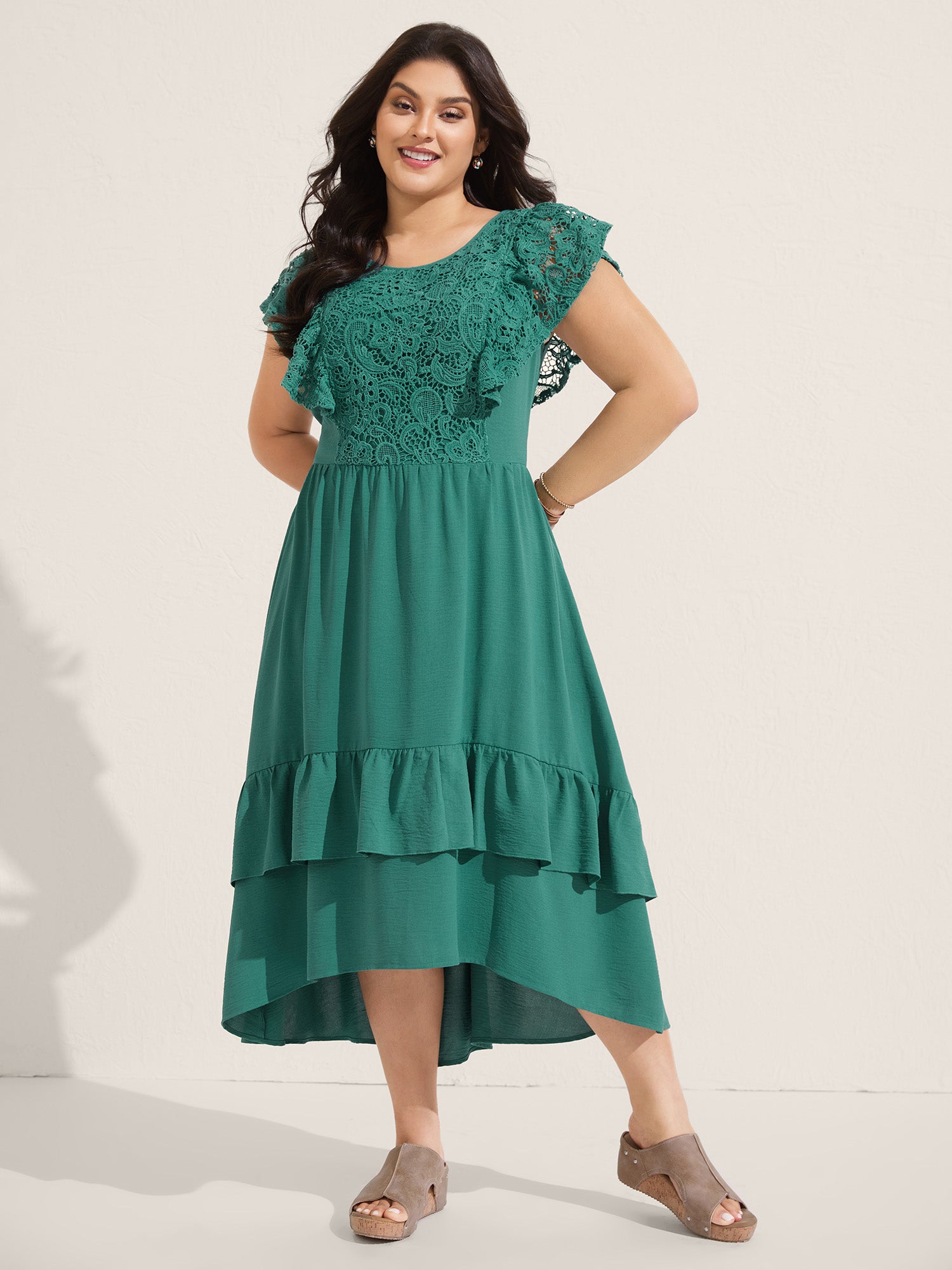 Lace Pleated Ruffled Sleeve Midi Dress