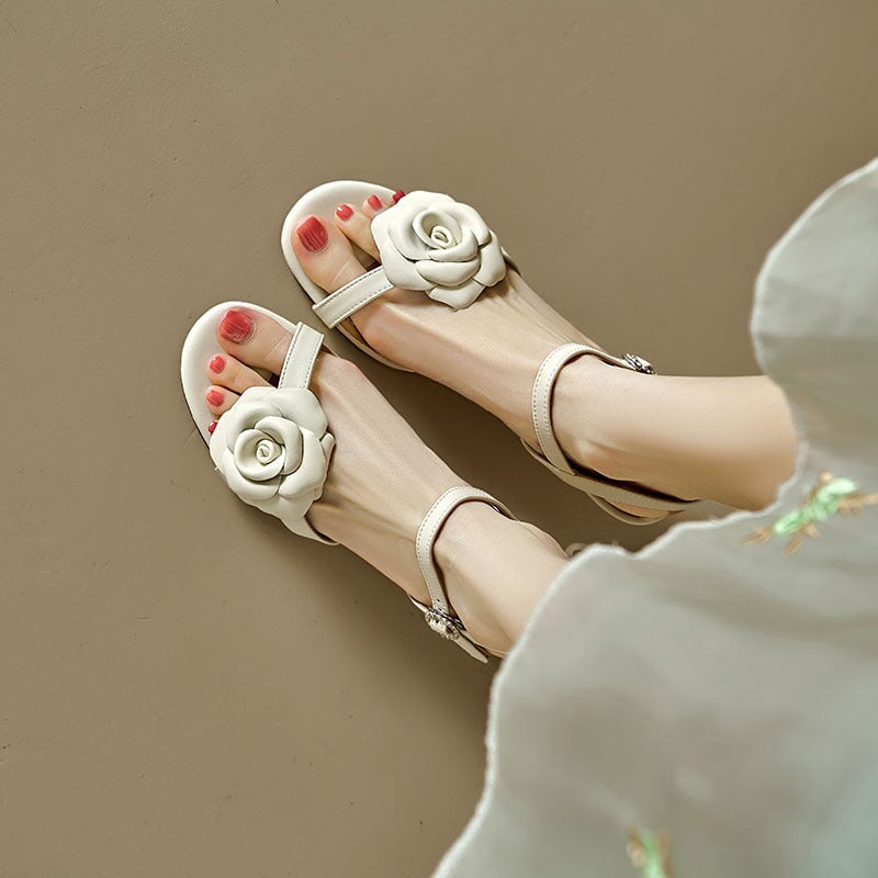 Handmade Strappy Leather heels Retro Open Toe Sandals With Flower Details
