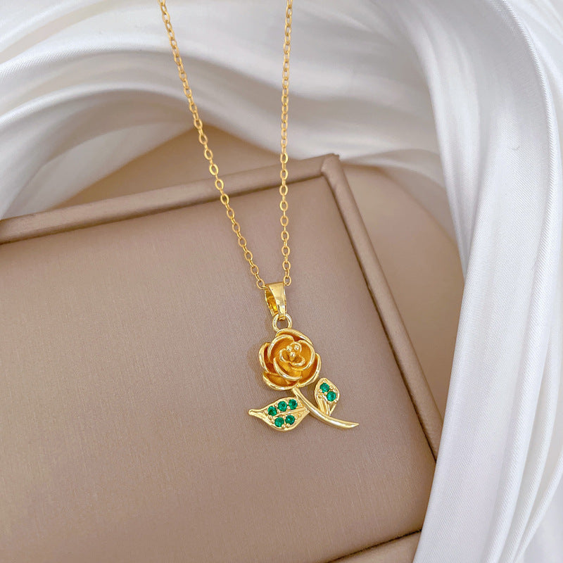 Green Leaf Rose Zircon Gorgeous Full Diamond Necklace Female Versatile Clavicle Chain Titanium Steel Chain
