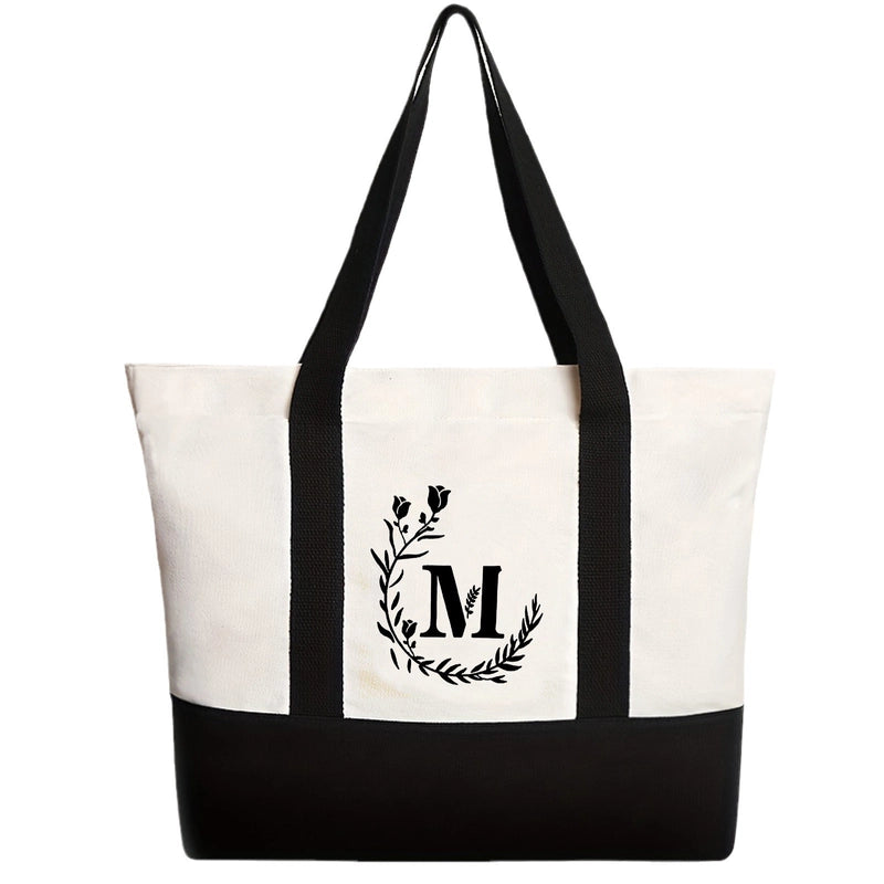 Women's Medium Canvas Letter Flower Classic Style Square Zipper Shoulder Bag