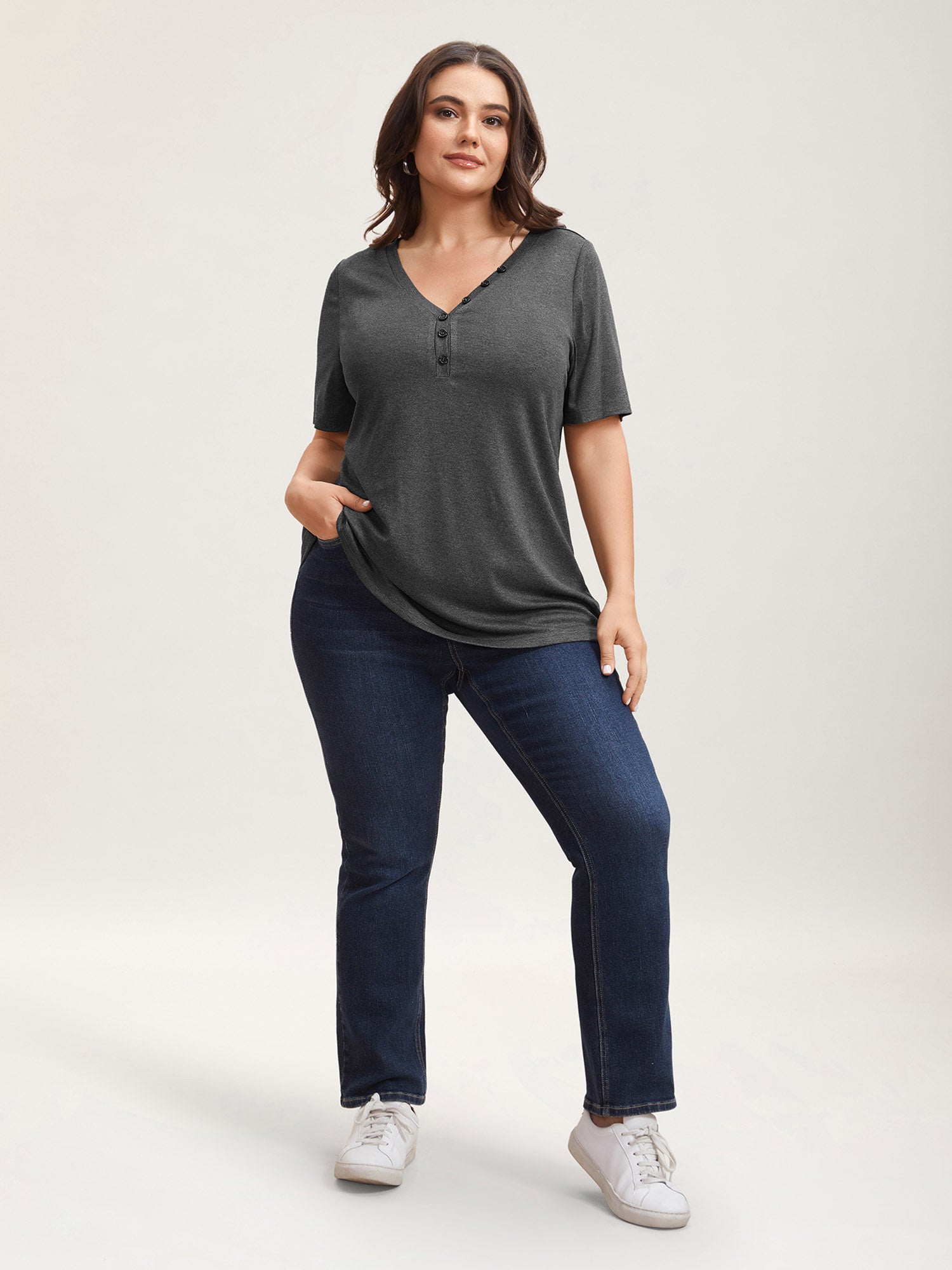 Adjustable Neck Coverage Button Placket T-Shirt