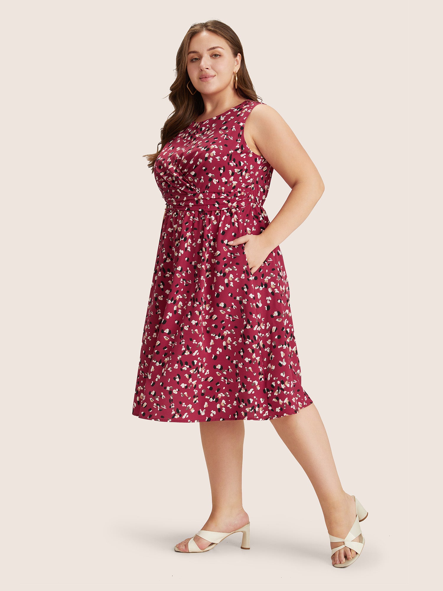 Allover Print Pocket Flutter Crossover Ruched Tank Dress