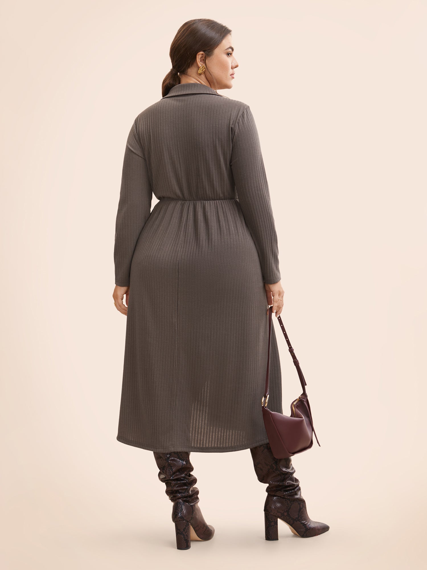 Knitted Stretch Woven Wrap Midi Dress