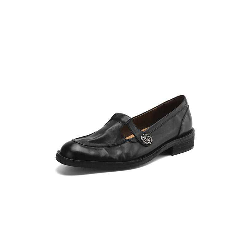 Vintage French-Style Mary Jane Leather Shoes with Metal Camellia Detail in Black/Coffee/Grey