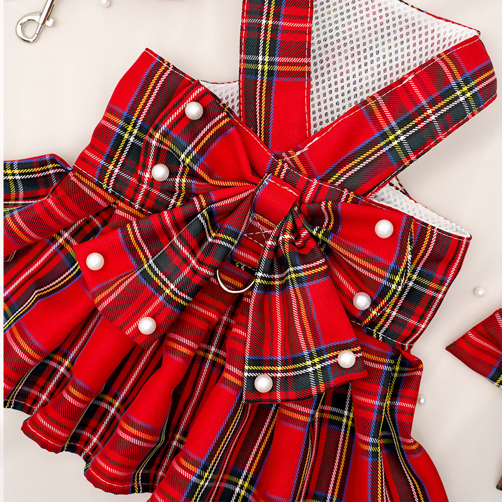 Pearl Decor Plaid Dog Harness Dress&Leash