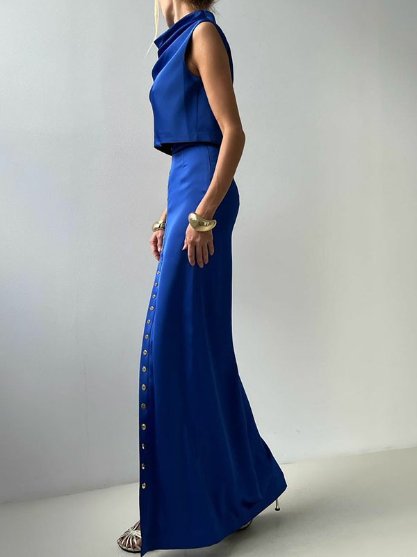 Sleeveless Buttoned Solid Color Split-Front Heaps Collar Tank Top&Skirts Bottoms  Two Pieces Set