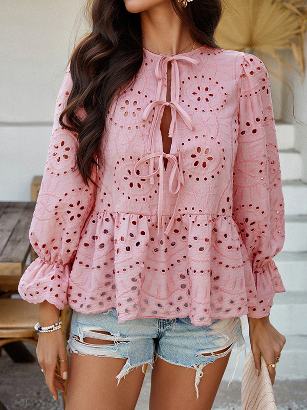 Long Sleeves Loose Elasticity Hollow Pleated Solid Color Tied Round-Neck Blouses&Shirts Tops